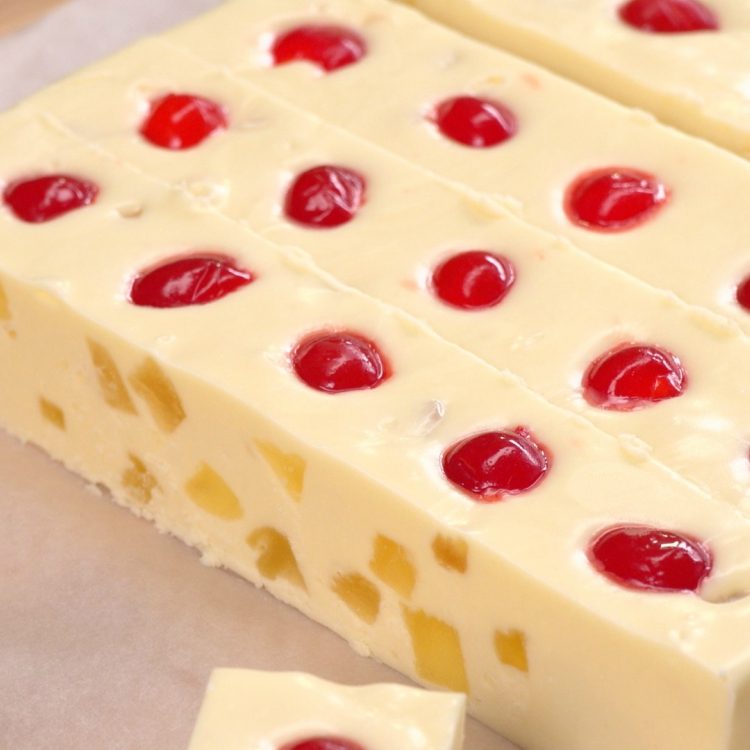 Refrigerated pineapple upside-down cake fudge before cutting