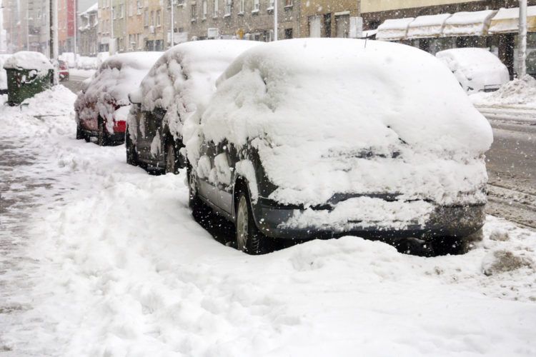 Cars covered with fresh snow on the street.