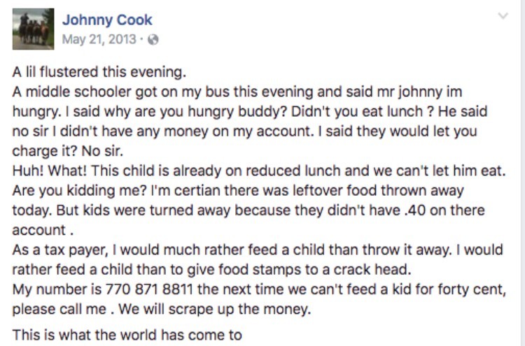 Johnny Cook's Facebook post